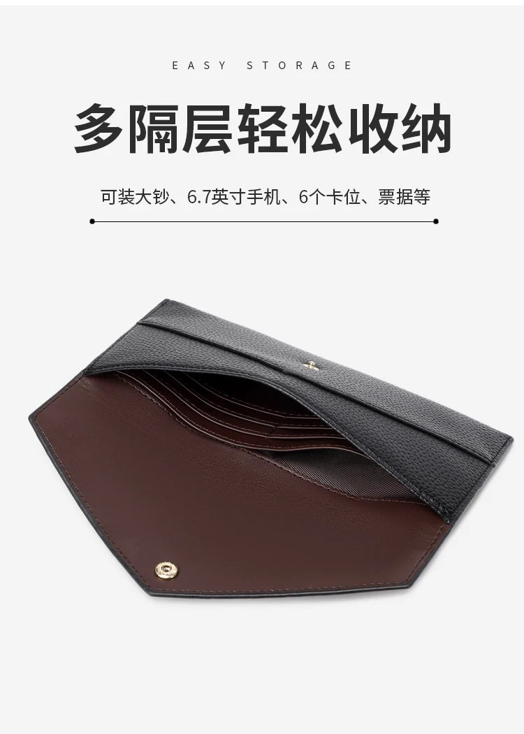RFID Anti-Theft Purse for Women, Lychee Print, Soft Leather, Envelope Long Wallet, Ultra-thin, Portable, Simple Hand Bag