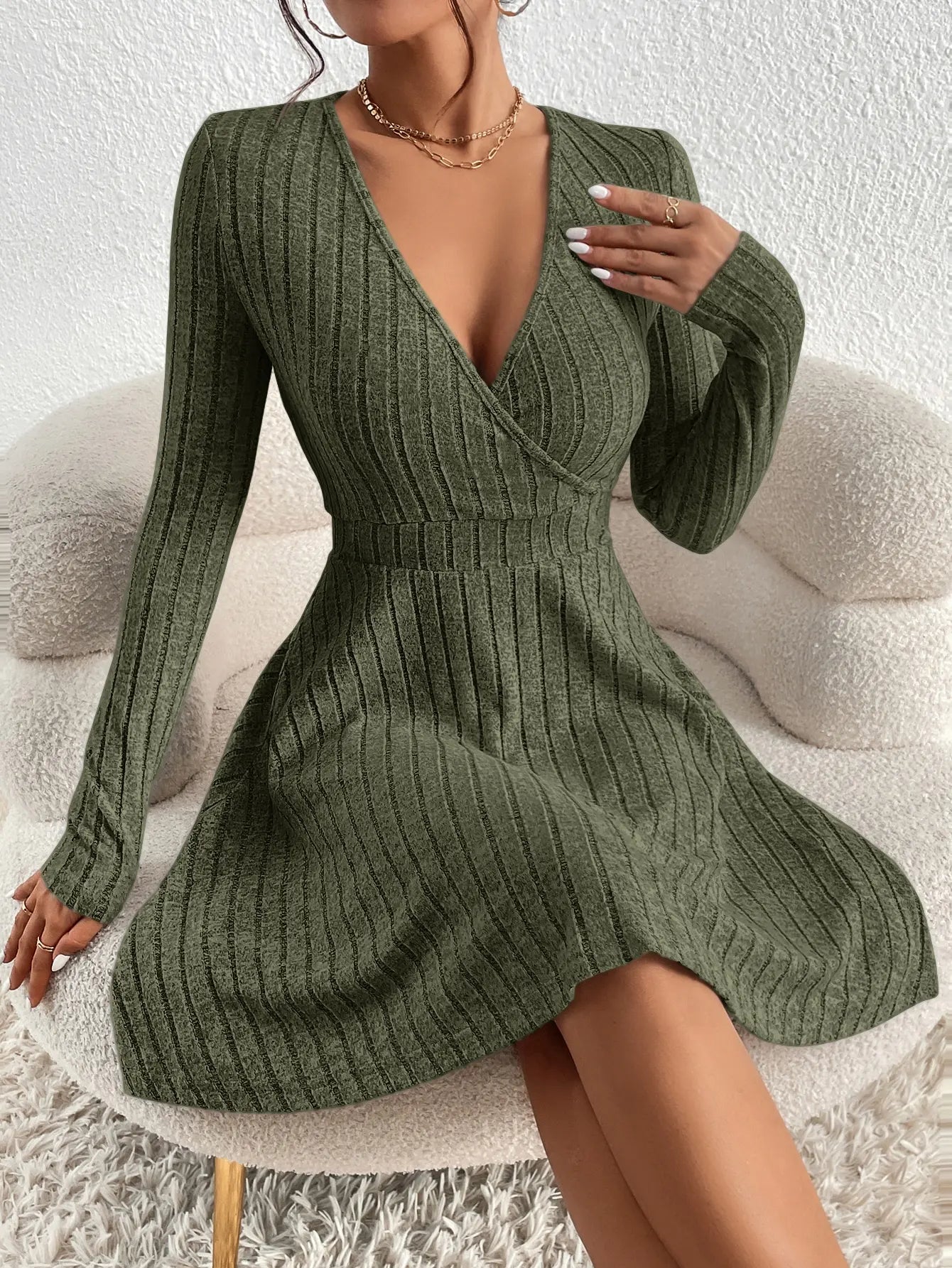 New for autumn/Winter 2024 Women Knit Slim Sexy Bodycon Dress V-Neck Long Sleeve Dress Solid Casual Midi Sweater Dress - Smarsty