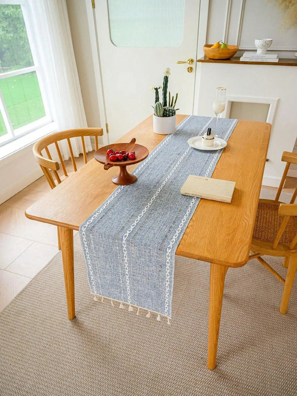 Boho Green Table Runner with Rustic Tassels - Smarsty