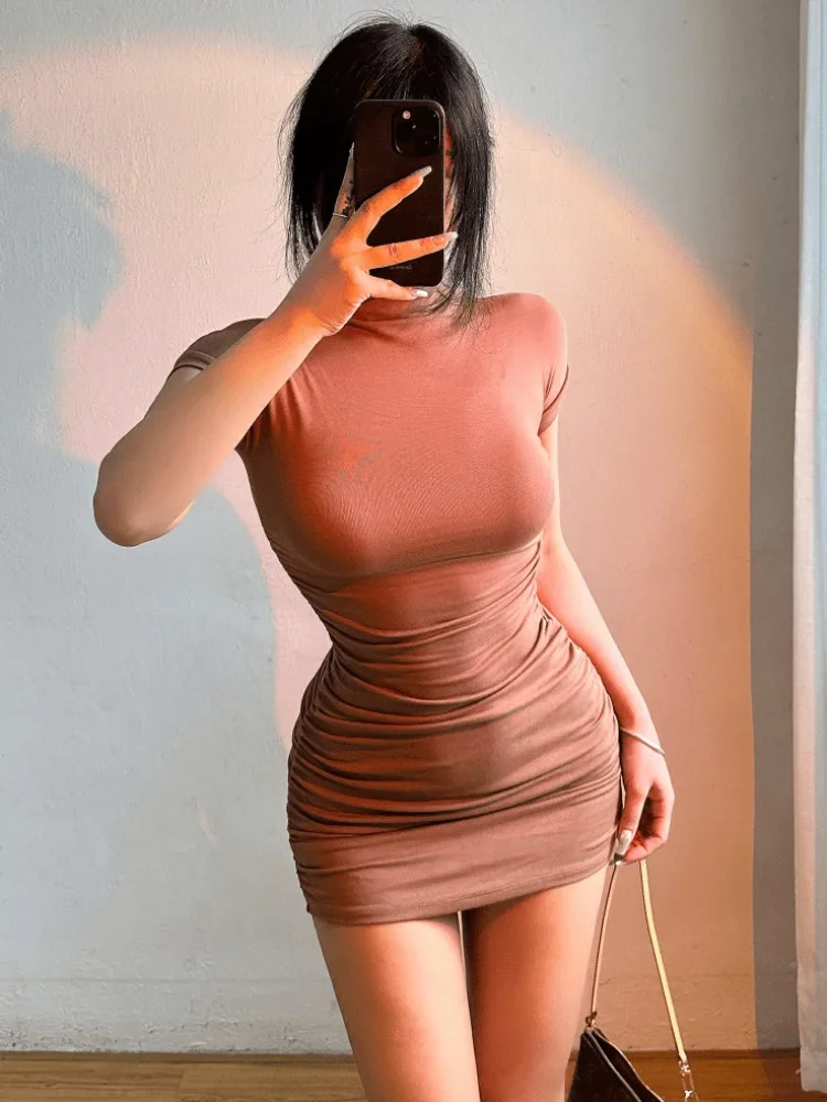 Sexy Tight Half High Collar Pleated Waist Mini Dress Spicy Girls Slim Dresses Bodycon Women Vestidos Cortos Party Mujer Clothing - Smarsty