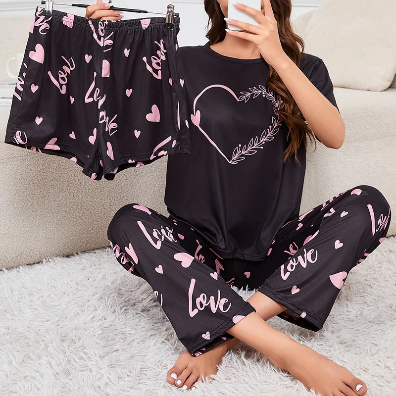 Women's Short Sleeve Crew Neck Top With Shorts And Pants 3 Piece Loungewear Sleepwear Lounge Sets Nighty Print Casual Pajama Set - Smarsty