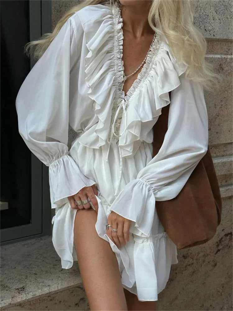 Talenza White Ruffle Bandage Mini Dress Women's Elegant Patchwork Long Sleeve Dress New Slim V Neck Lace Up Summer Mini Dress - Smarsty