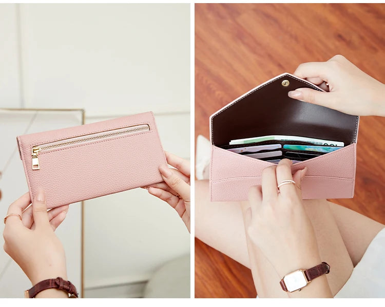 RFID Anti-Theft Purse for Women, Lychee Print, Soft Leather, Envelope Long Wallet, Ultra-thin, Portable, Simple Hand Bag