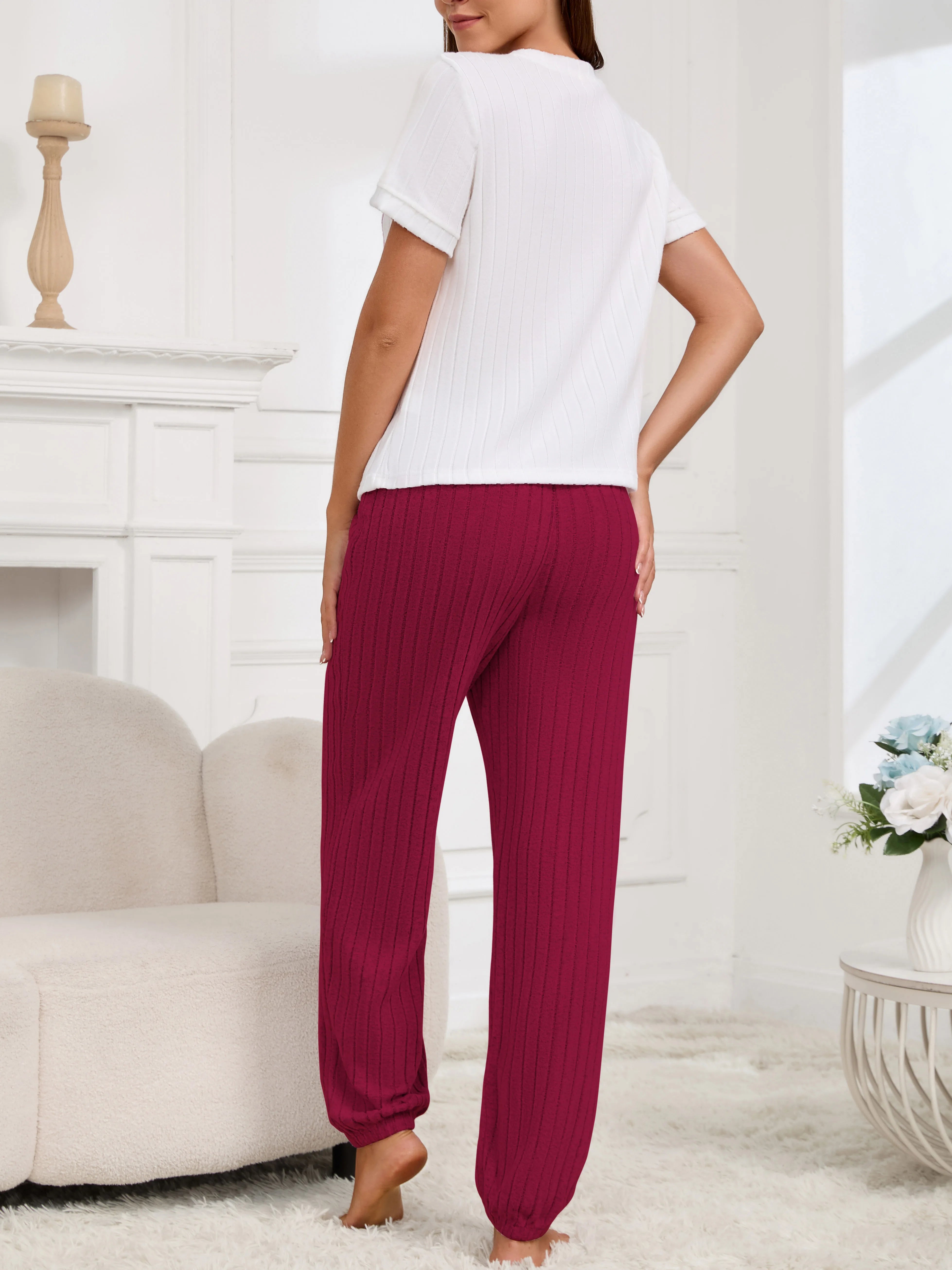 Women's new style pajamas set heart pattern short sleeve shirt trousers two-piece simple and lovely casual home wear - Smarsty