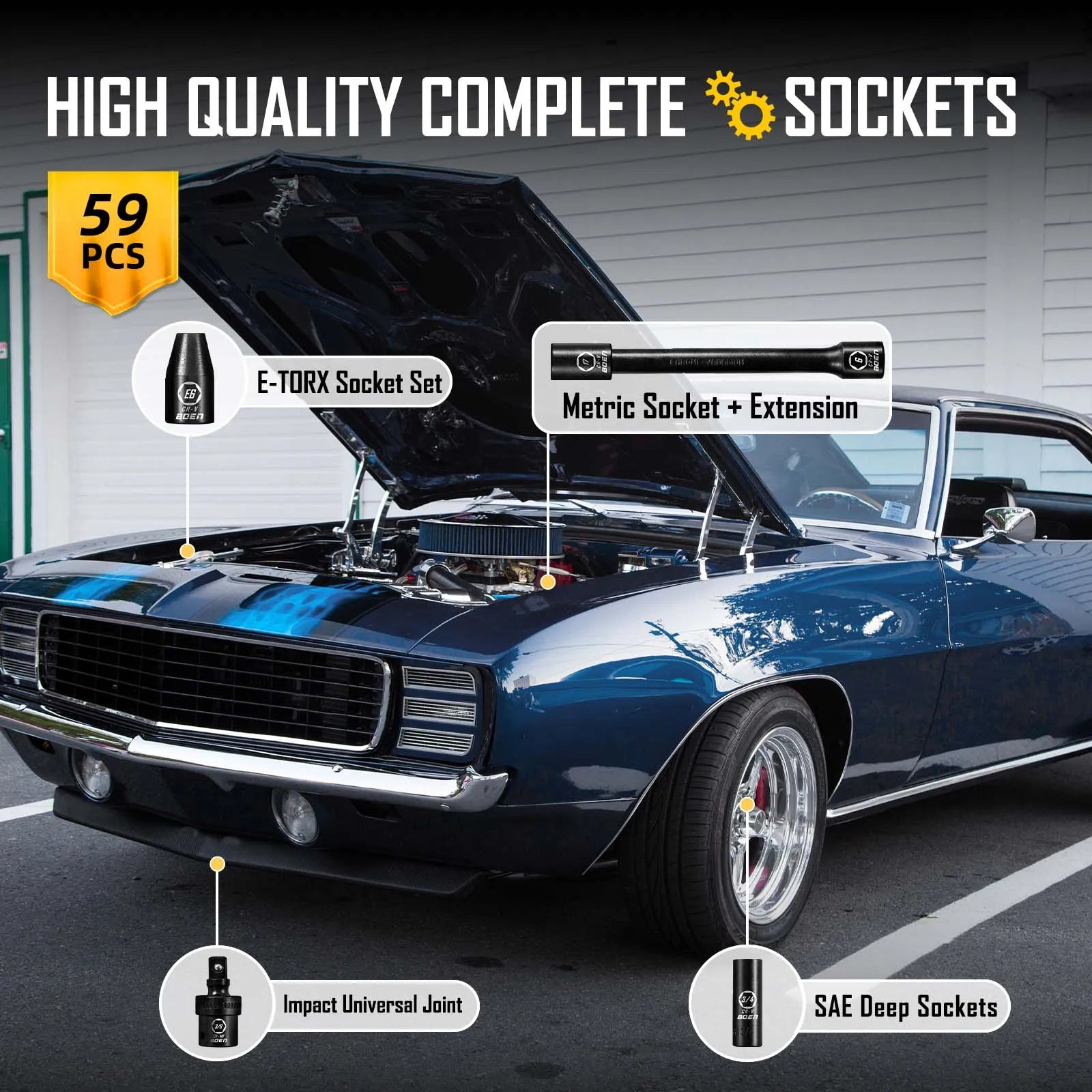 BOEN 3/8" Drive Impact Socket Set, 59-Piece Standard SAE (5/16 to 3/4 inch) and Metric (6-22mm), Include 9-Piece E-Torx Socket