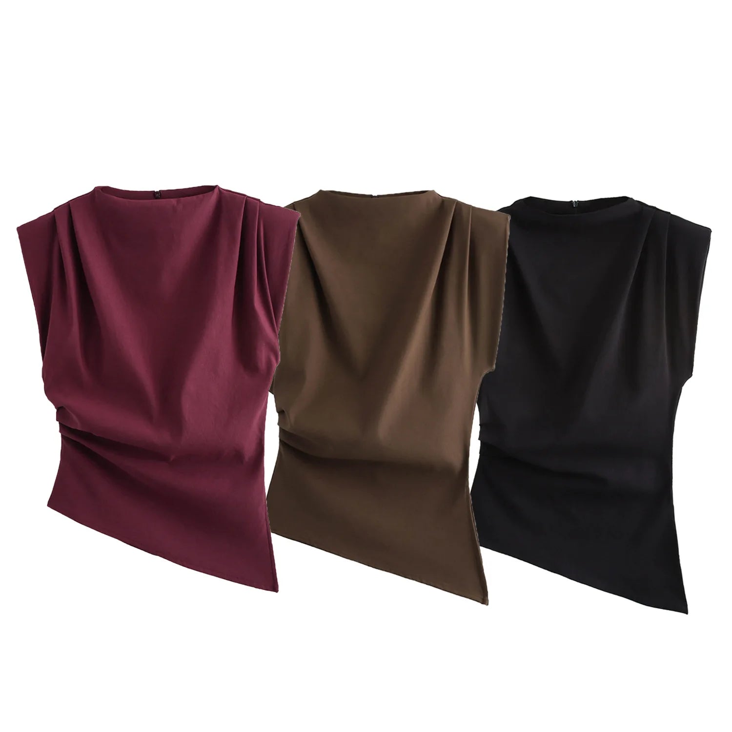 2025 Summer Asymmetric Tank Women Wine Red/Brown/Black Ruched Sleeve Office&Party Tops Breathable Stretchy Slim Fit Streetwear - Smarsty