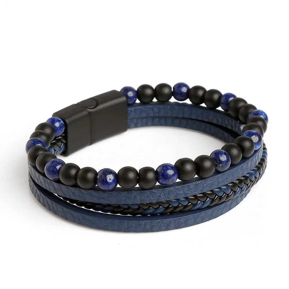 Men Leather Bracelet Multi Layer Tiger Eye Beaded Design - Smarsty
