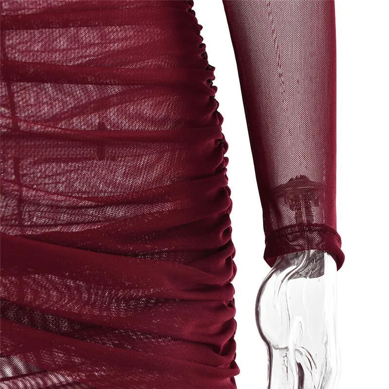 Mozision Mesh Ruched Sexy Maxi Dress For Women Fashion Zipper Patchwork See Through Long Sleeve Elegant Club Party Long Dress - Smarsty
