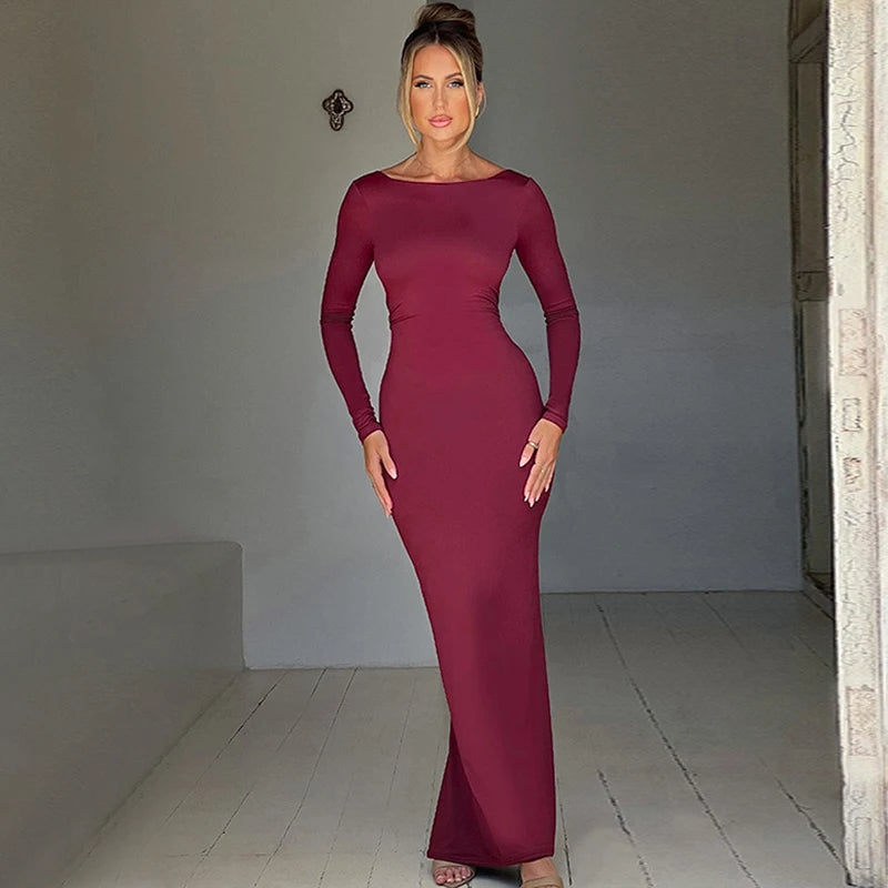 Hugcitar Spring Elegant Long Sleeve Backless Solid Cuched Sexy Bodycon Maxi Prom Dress Women Outfit Evening Party Festival Y2K - Smarsty