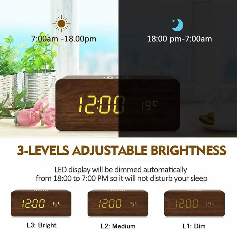 Wooden Digital Alarm Clock with Wireless Charging Feature - Smarsty
