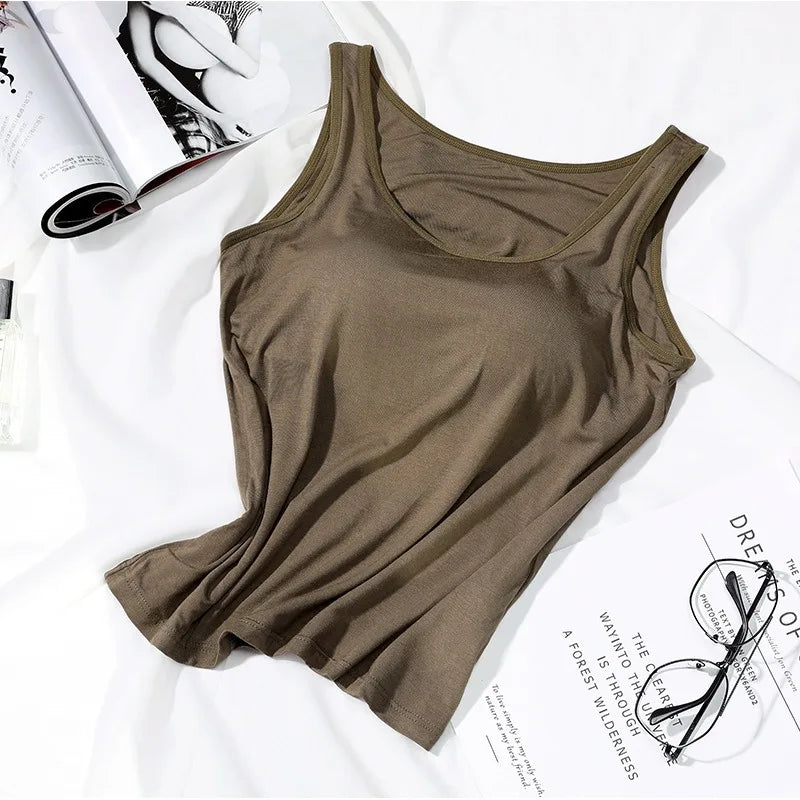 2023 Women's Vest Tops with Built In Bra Neck Vest Solid Color Padded Slim Fit Tank Tops Sexy Shirts Feminino Casual Tank Tops - Smarsty