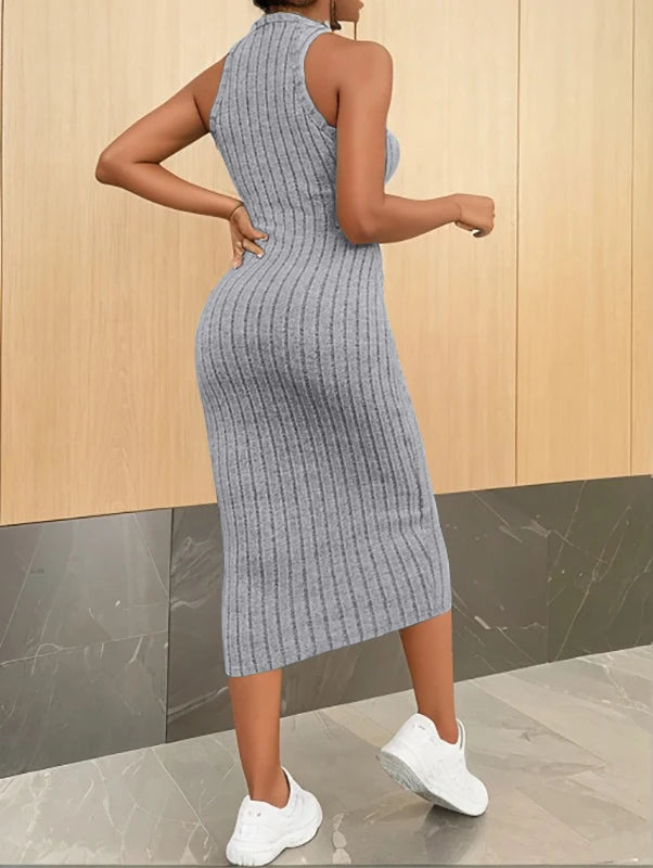Solid Halter Neck Bodycon Midi Dress High-end temperament vest halter dress women's summer new high-waist slim temperament slim - Smarsty