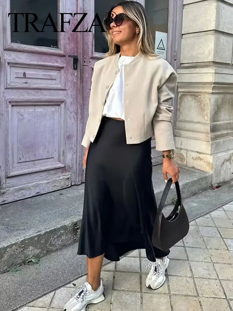 TRAFZA 2024 Y2K Casual Women Long Skirt Spring Elastic High Waisted A-Line Casual Female Satin Skirts High Street Lady Skirts - Smarsty