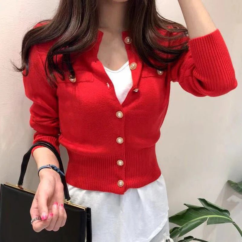 2025 Autumn Long Sleeve Fashion Women Cardigans Sweater Knitted Coat Short Casual Single Breasted Korean Slim Chic Ladies Tops - Smarsty