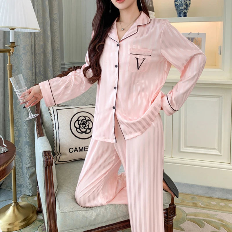 Women's Ice Silk Pajama Set Long Sleeve Long Pants Lightweight Sleepwear for Spring And Autumn Comfortable Homewear Pj Set - Smarsty