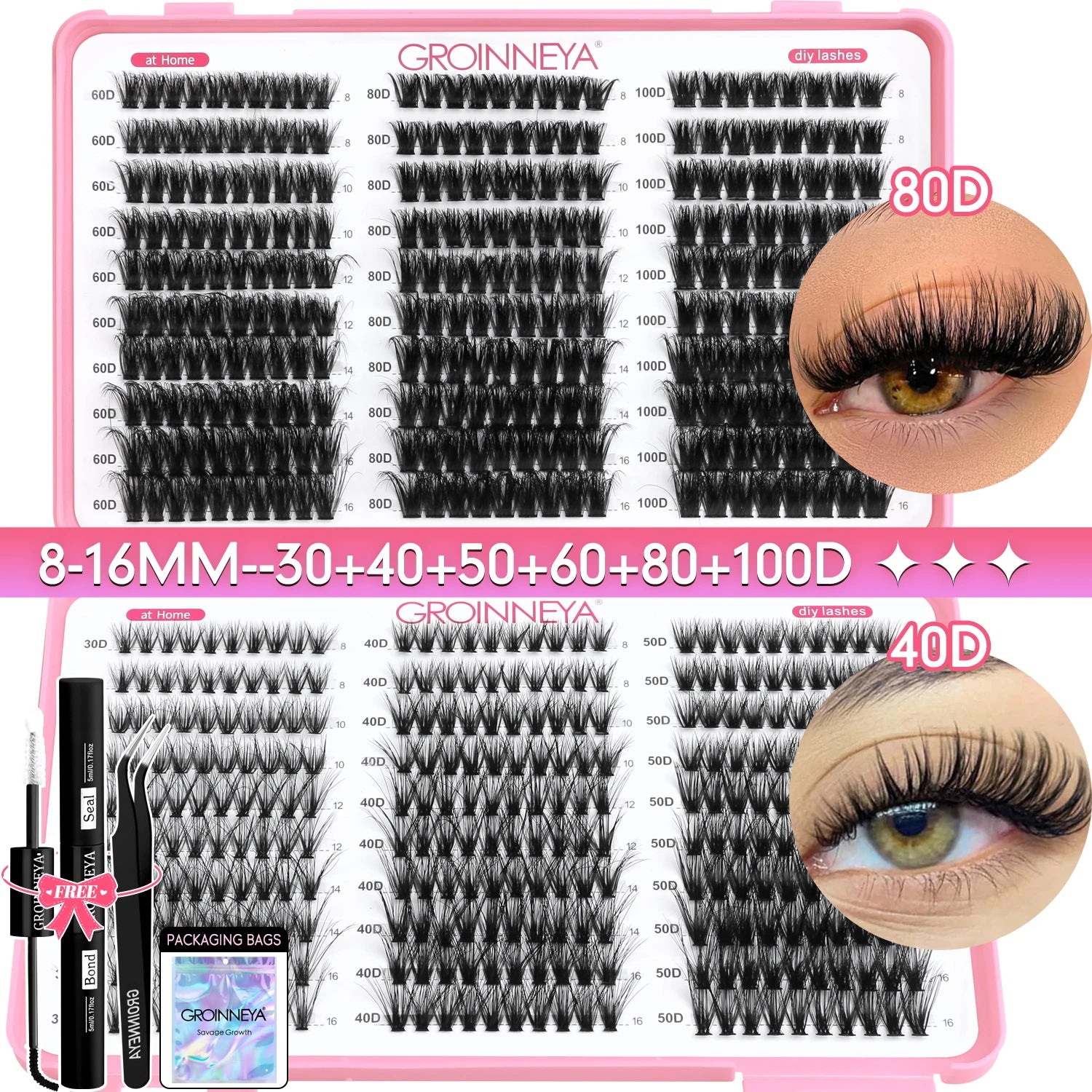 GROINNEYA DIY Lash Clusters Kit Mixed Tray Eyelash Extension Full Set Individual Lashes with Lash Bond&Seal and Tweezers Tool - Smarsty