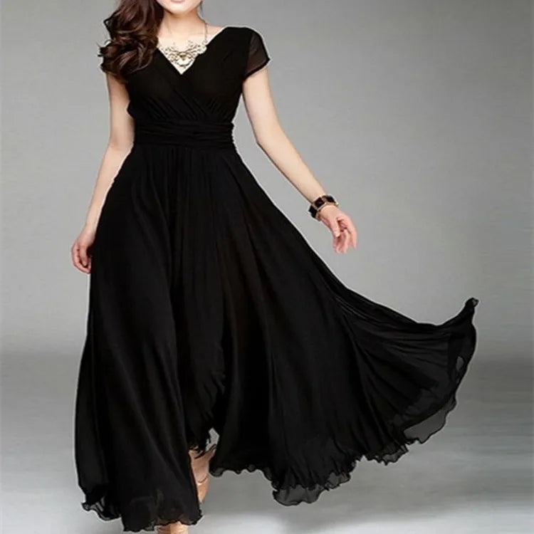 Women's Short-Sleeved Chiffon Evening Dress, Female Party Dress, Monochromatic, Bohemian, Long, Elegant, New, 2022 - Smarsty