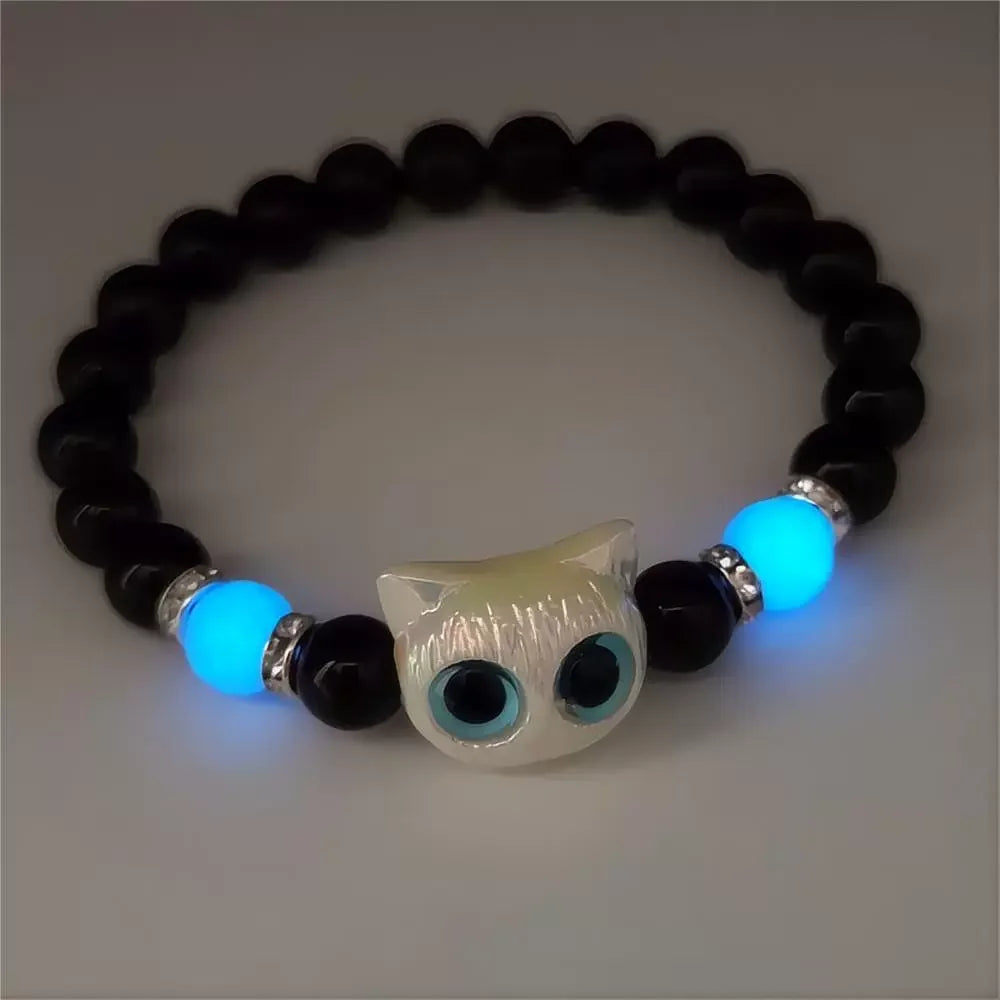 1 PC Matching Bracelets Couples Women Men Luminous Cute Cat Friendship Bracelete Black White Cat Head Bead Strand Bracelet - Smarsty