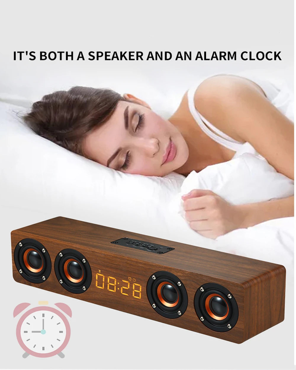 Rechargeable Wooden Alarm Clock with Bluetooth Speaker - Smarsty