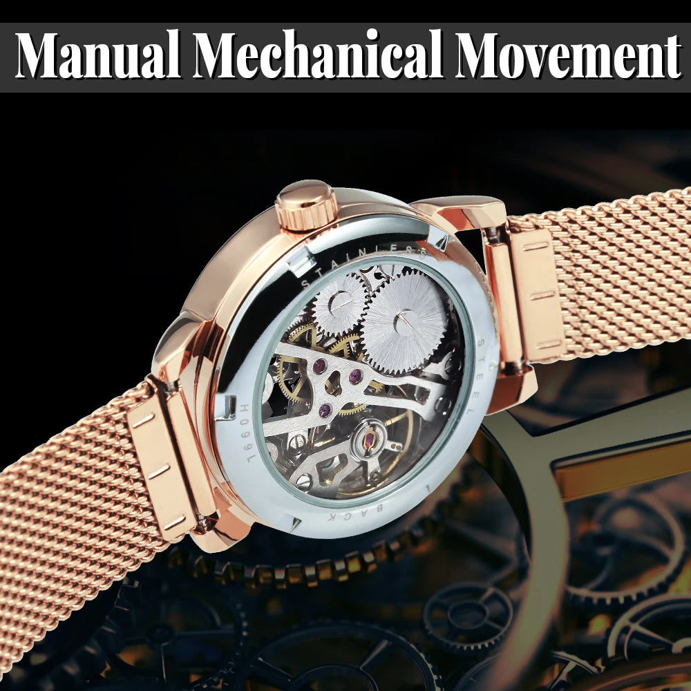 Rose Gold Skeleton Mechanical Watch for Women - Smarsty