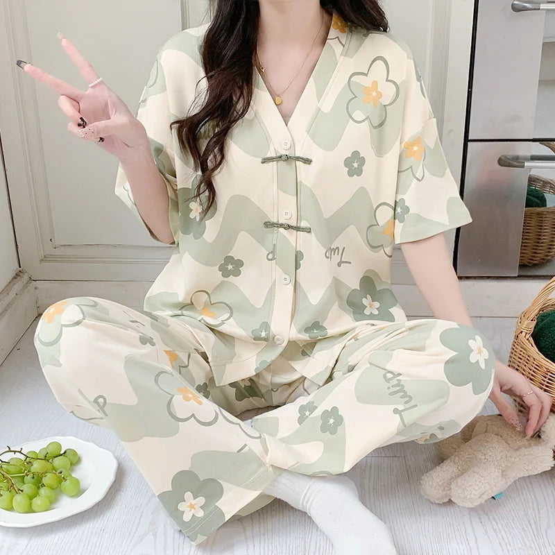 Pigma For Women Cotton Pajama Sleepwear Big Size Pajamas Nightwear Summer Women's Short Sleeved Long Pants Cardigan Pajama Set - Smarsty