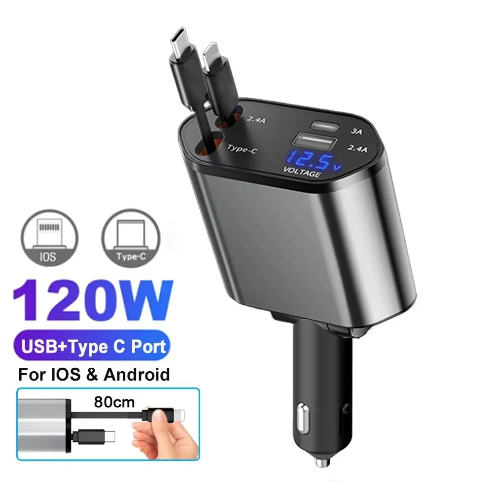5-in-1 180W Car Fast Charger USB Type-C Power Adapter Retractable Phone Charger With Roof Starlight For IOS Android Phones - Smarsty