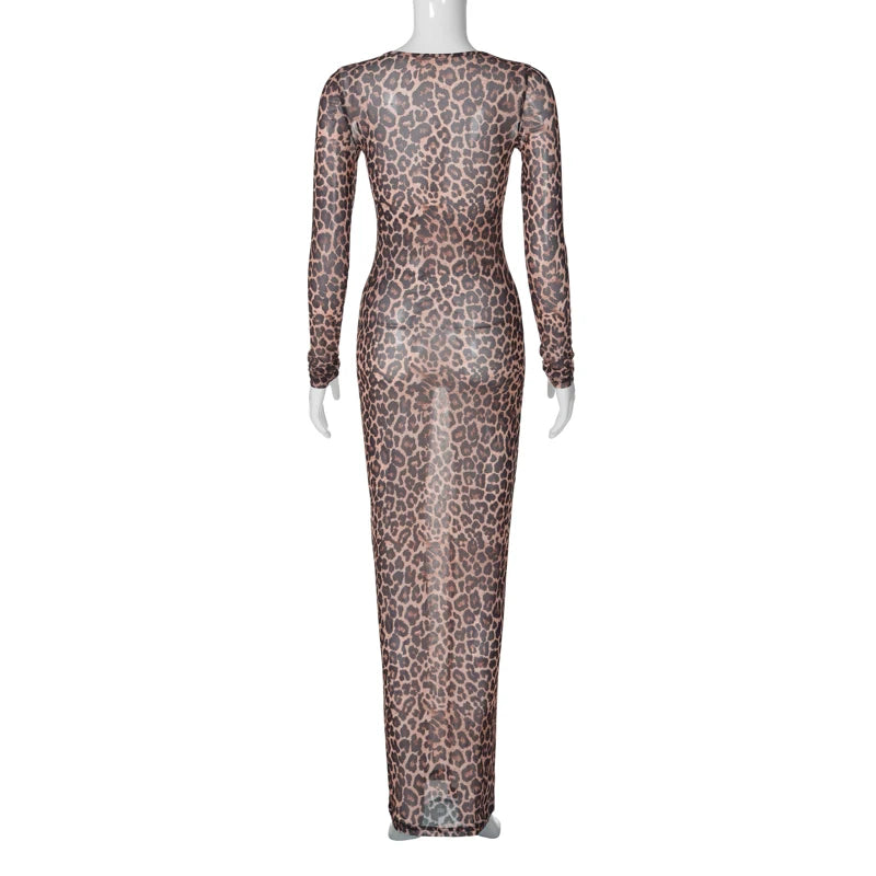 Hugcitar Leopard Print Mesh Long Sleeve Sexy Slim See Through Maxi Dress Fall Women Fashion Outfits Beach Vacation Club