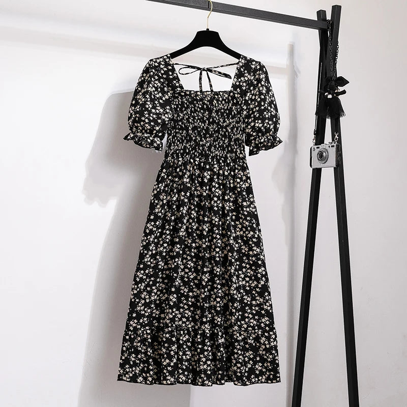 Spring Summer Chiffon Dresses Fashion Female Elastic Waist Short Sleeve Pleated Casual Dress Women A-line Dresses Vestidos - Smarsty