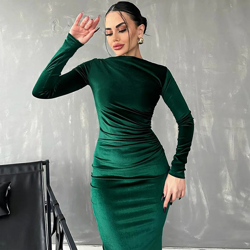 Dulzura 2024 Spring Summer Velvet Long Sleeve Midi Dress For Women Ruched Long Dress Elegant Party Clothes Evening Green Outfits - Smarsty