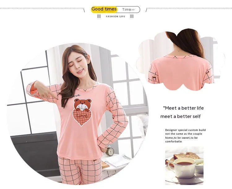 2PCS/Set Women Fashion Long-Sleeved Pajamas Fall and Winter Cartoon Love Bear Cute Soft Loose Casual Sleepwear Outside Homewear - Smarsty