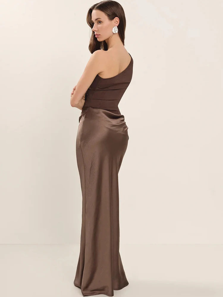 JULISSA MO Patchwork Satin Sexy One Shoulder Women Maxi Dress Brown Sleeveless Evening Dress Summer Slim Elegant Party Clubwear - Smarsty