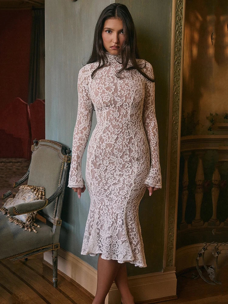 Mozision Lace Long Sleeve Sexy Midi Dress For Women Elegant White Half High Collar High Waist Bodycon Club Party Sexy Long Dress - Smarsty