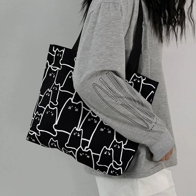 Canvas Cat Tote Bag For Women Zipper Shoulder Designer - Smarsty