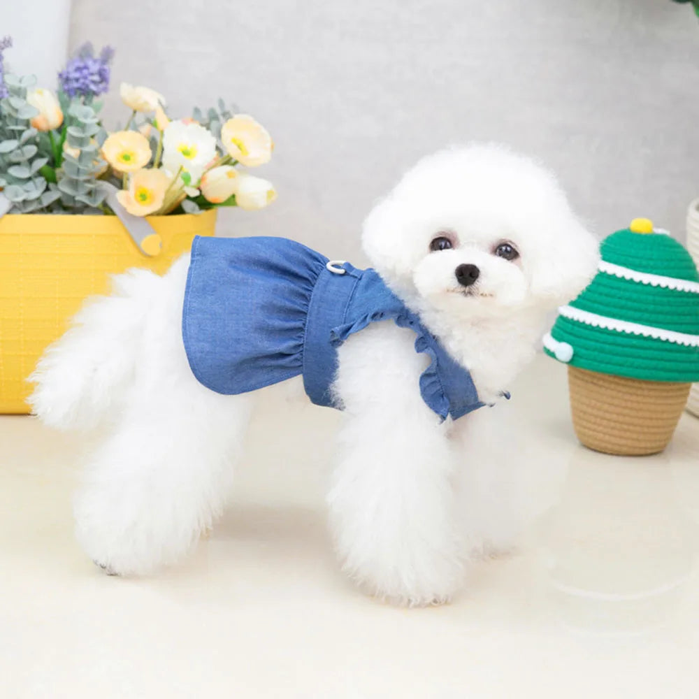 Cute Denim Dress for Small Dogs with Leash Ring - Smarsty