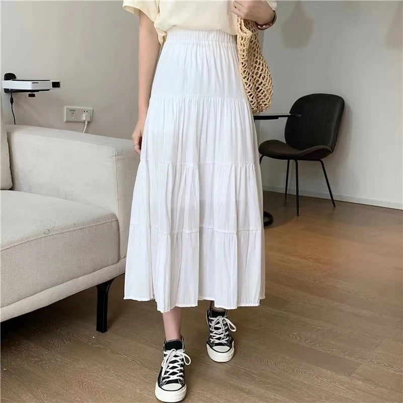 Spring Summer Women Skirts Vintage High Waist Elastic Patchwork White Black Chic Long Cake A-line Skirt - Smarsty