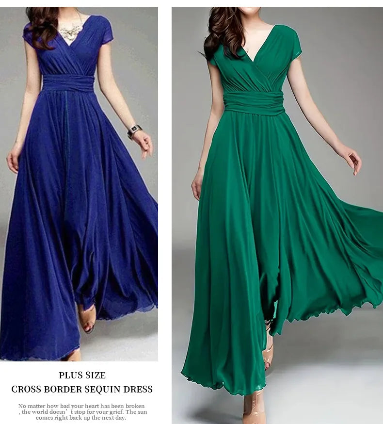 Women's Short-Sleeved Chiffon Evening Dress, Female Party Dress, Monochromatic, Bohemian, Long, Elegant, New, 2022 - Smarsty