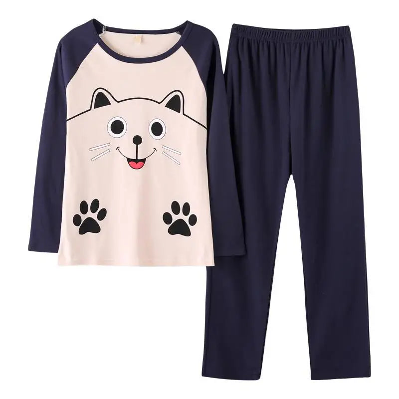 Autumn Thin 2pieces Pyjamas Set Women 2025 Round Neck Girls Bear Pajamas Sets Teacup Cat Full Sleepwear Tops lovers Pajama Mujer - Smarsty