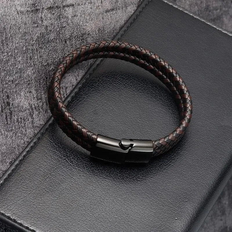 Mens Braided Leather Bracelet Double Band Bangle - Smarsty