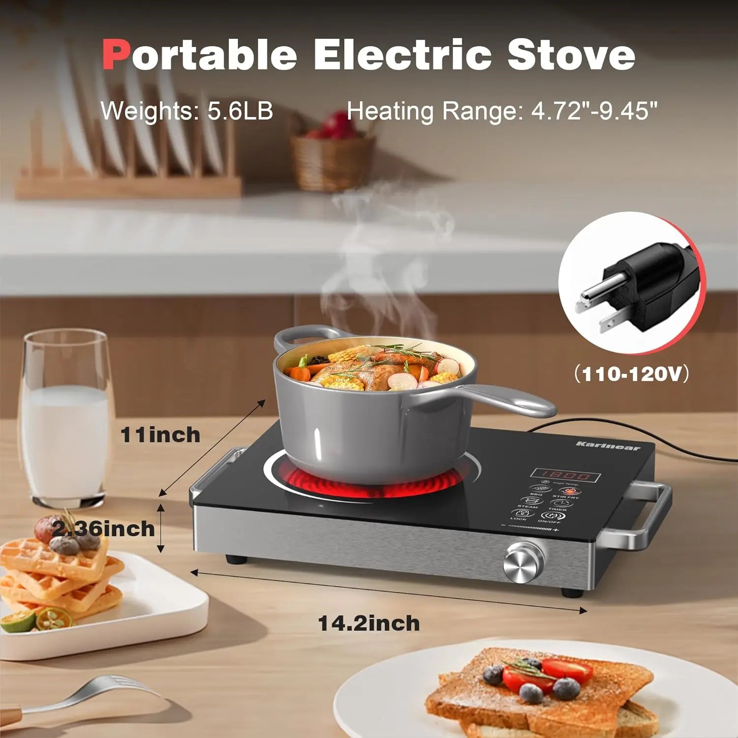 Karinear Ceramic hob 1 Zone Portable with Gummifüße, 650°C Max, 36CM, 220-240V Plug, Anti-scald Handle,2000W, Timer, Safety Lock