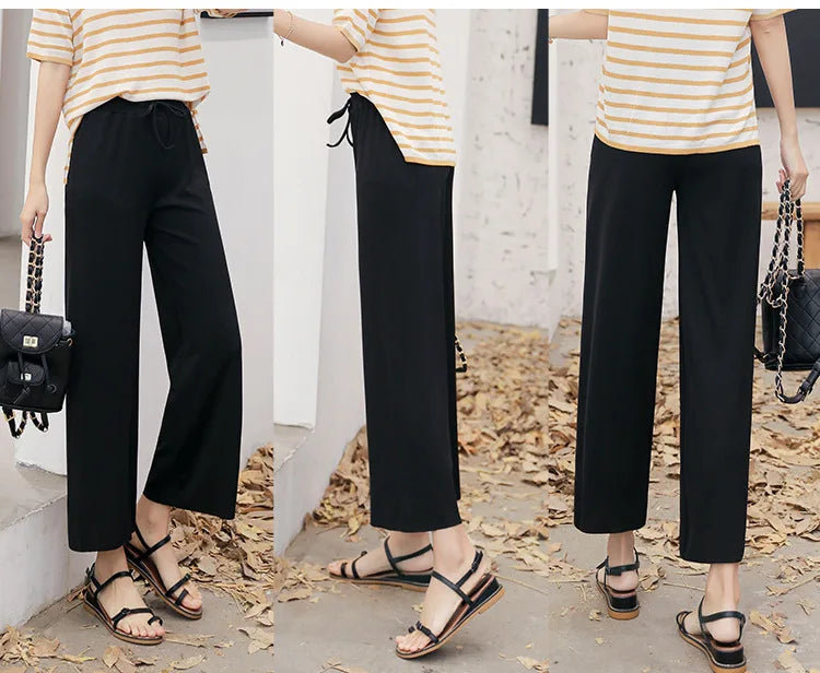 Women Ankle-Length Wide Leg Pants Casual Summer Solid Elastic Waist Loose Ice Silk Pants Spring Summer Female Trousers - Smarsty