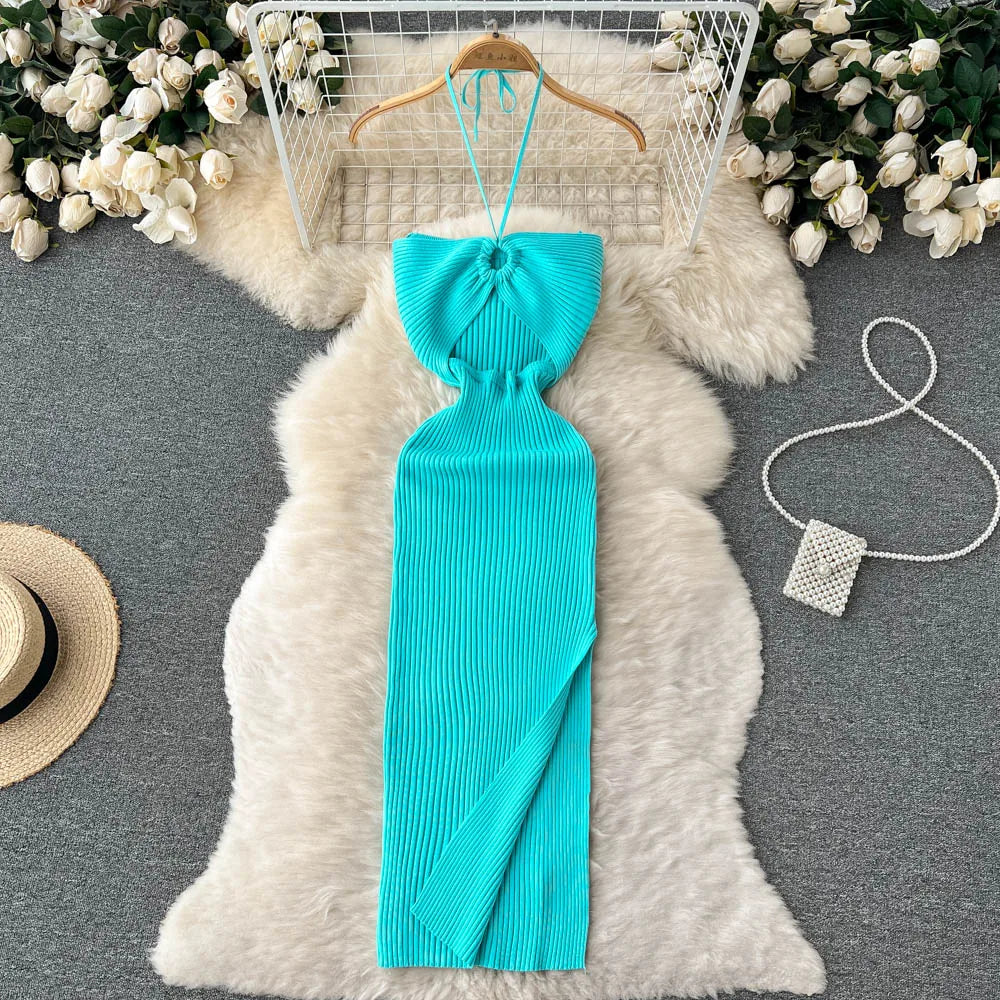 YuooMuoo Chic Fashion Sexy Package Hips Split Knitted Summer Dress 2025 Women Slim Elastic Bodycon Party Dress Streetwear Outfit - Smarsty