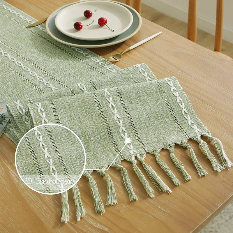 Boho Green Table Runner with Rustic Tassels - Smarsty