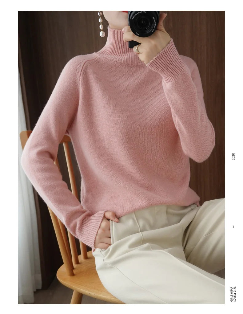 Fashion Basic Autumn Winter Merino Wool Sweater Mock Neck Cashmere Pullover Solid Color Soft Long Sleeve Clothing Tops - Smarsty