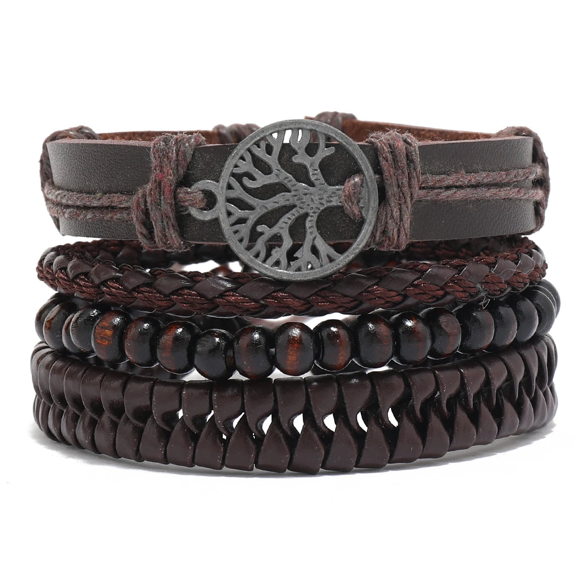 Vintage Leather Men Bracelet Woven Brown Wood Beads - Smarsty