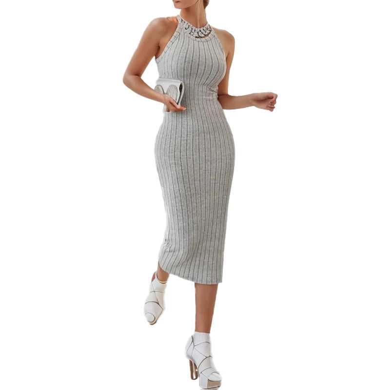 Solid Halter Neck Bodycon Midi Dress High-end temperament vest halter dress women's summer new high-waist slim temperament slim - Smarsty