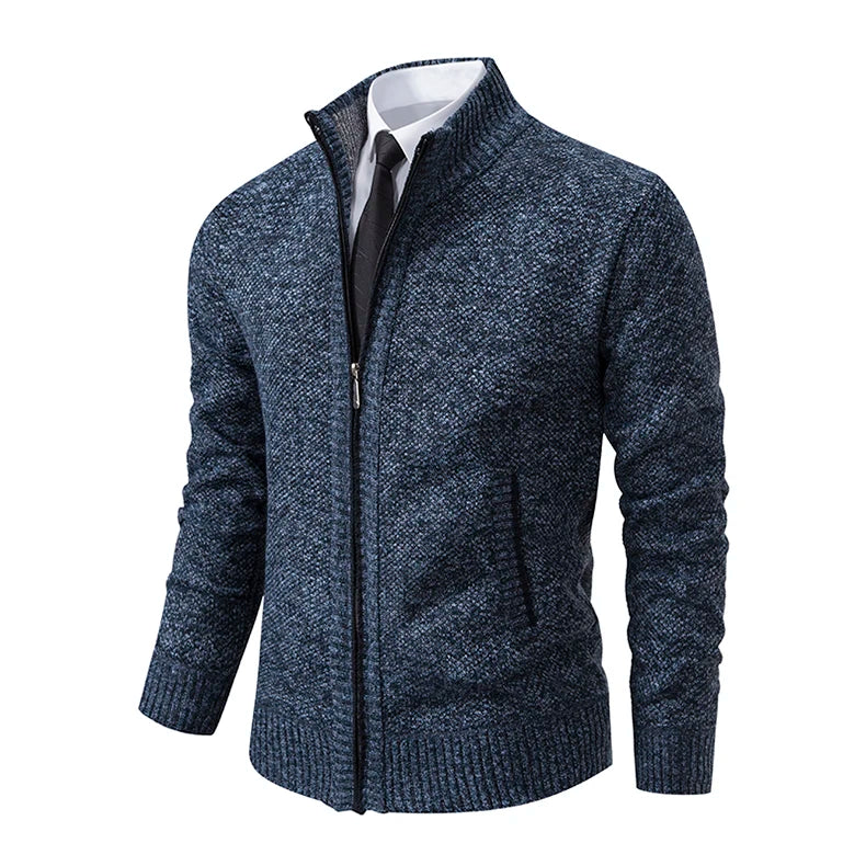 Autumn And Winter New Jersey Men's Casual Sports Coat Solid Color Stand Collar Wweater Grab Fleece Warm Zipper Cardigan - Smarsty