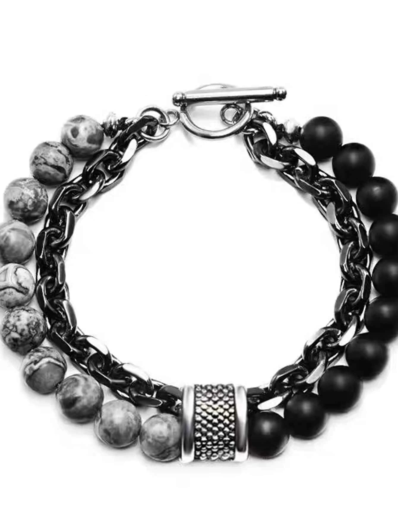 Punk Black Beaded Chain Bracelet for Men - Smarsty