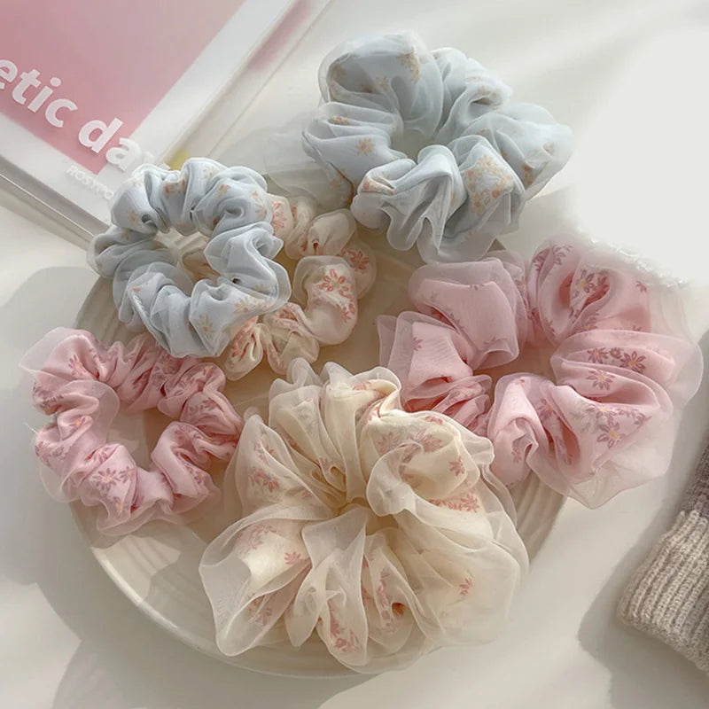 Double Layer Silk Hair Scrunchies Floral Soft Ponytail - Smarsty