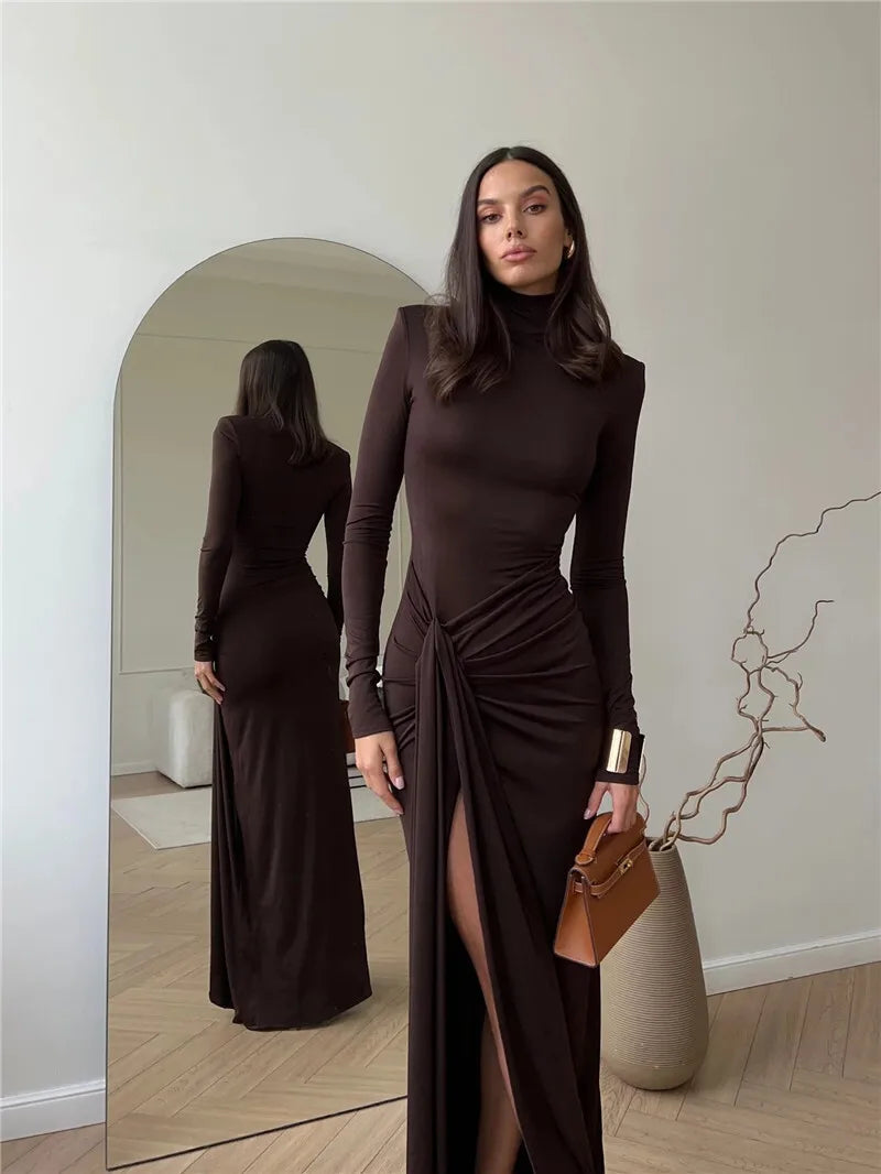 Mozision Turtleneck Thigh High Split Sexy Maxi Dress For Women Fashion Long Sleeve Draped Bandage Bodycon Club Long Dress - Smarsty