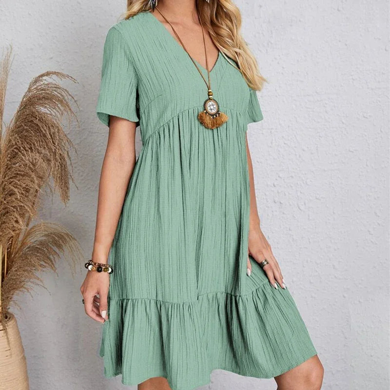 2025 Loose V-neck Short Sleeved Pleated Women Dress Solid Color A-line Beach Dresses Elegant Simple Comfortable Woman Clothing - Smarsty